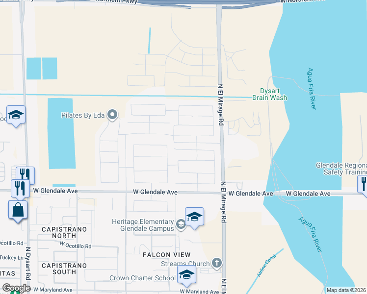 map of restaurants, bars, coffee shops, grocery stores, and more near 12456 West Myrtle Court in Glendale