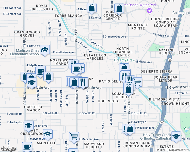 map of restaurants, bars, coffee shops, grocery stores, and more near 7041 North 13th Street in Phoenix