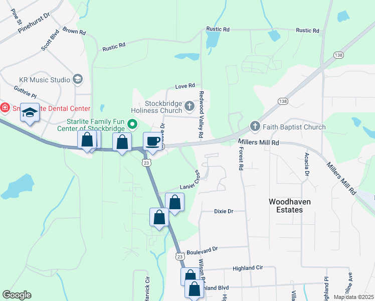 map of restaurants, bars, coffee shops, grocery stores, and more near 174 Georgia 138 in Stockbridge