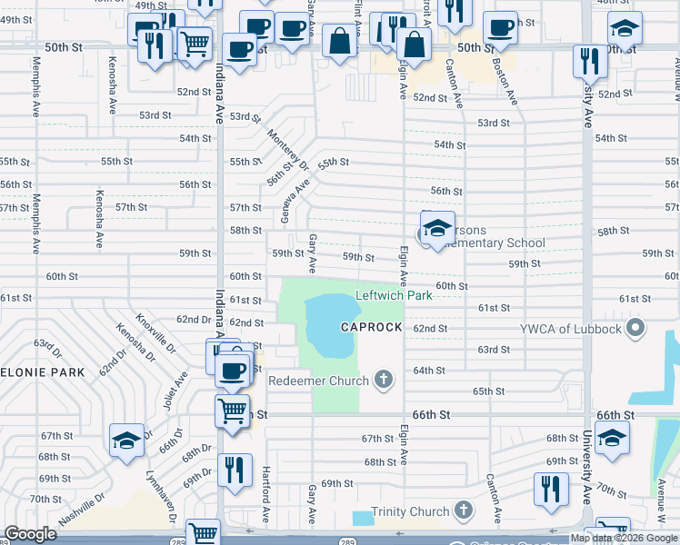 map of restaurants, bars, coffee shops, grocery stores, and more near 3020 60th Street in Lubbock