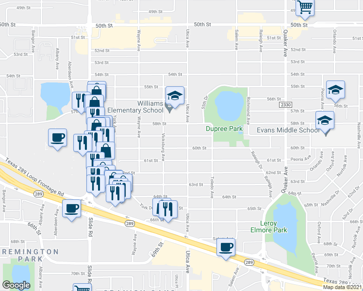 map of restaurants, bars, coffee shops, grocery stores, and more near 4808 60th Street in Lubbock