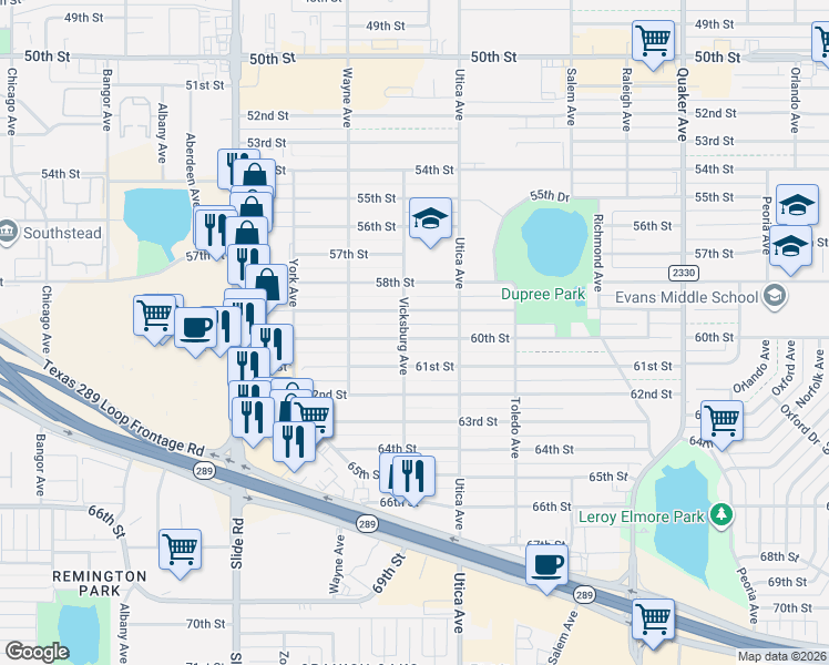 map of restaurants, bars, coffee shops, grocery stores, and more near 4902 60th Street in Lubbock