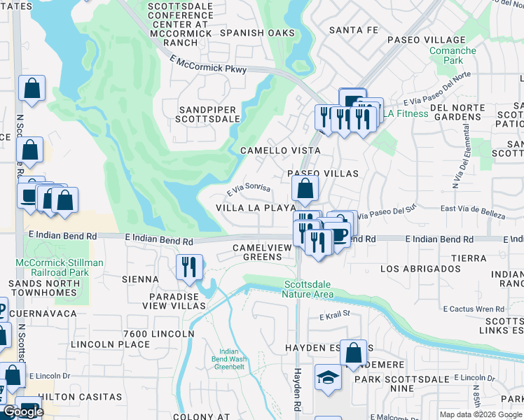 map of restaurants, bars, coffee shops, grocery stores, and more near 7841 East Vía De La Entrada in Scottsdale