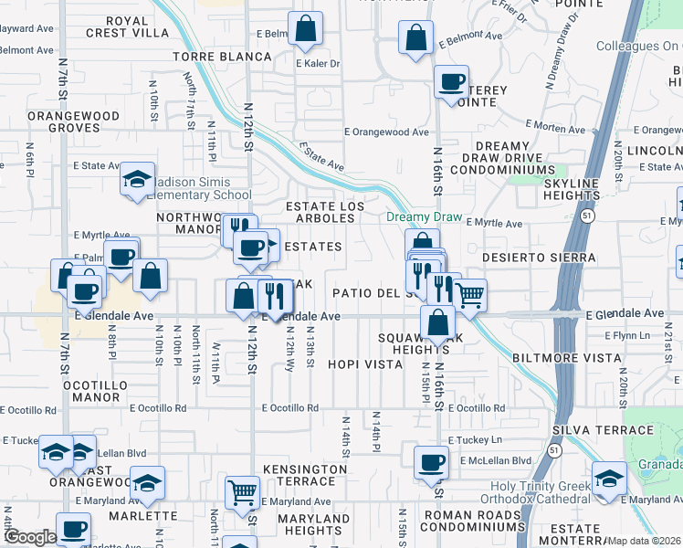 map of restaurants, bars, coffee shops, grocery stores, and more near 7042 North 14th Street in Phoenix