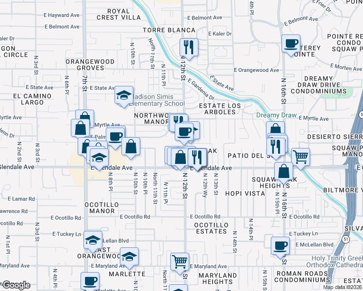 map of restaurants, bars, coffee shops, grocery stores, and more near 1201 East Glenn Drive in Phoenix