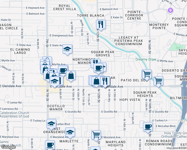 map of restaurants, bars, coffee shops, grocery stores, and more near 1126 East Glenn Drive in Phoenix