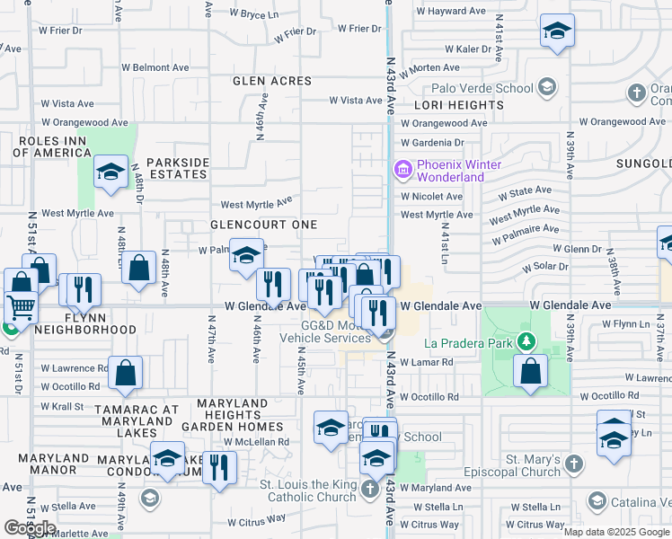 map of restaurants, bars, coffee shops, grocery stores, and more near 4387 West Palmaire Avenue in Glendale
