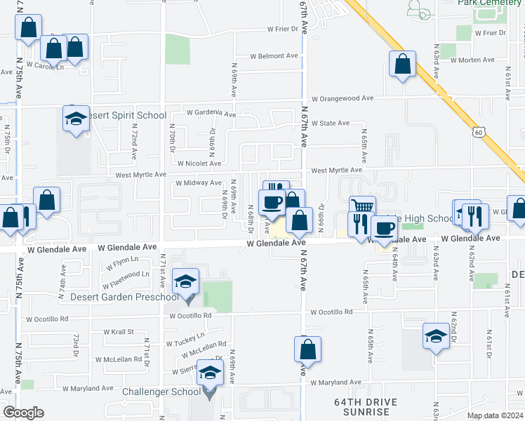 map of restaurants, bars, coffee shops, grocery stores, and more near 7113 North 68th Drive in Glendale