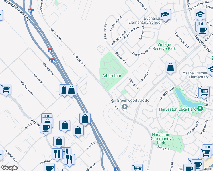 map of restaurants, bars, coffee shops, grocery stores, and more near 26421 Ynez Road in Temecula