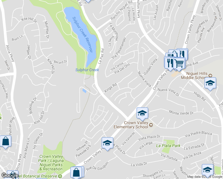 map of restaurants, bars, coffee shops, grocery stores, and more near 24546 Kings Road in Laguna Niguel