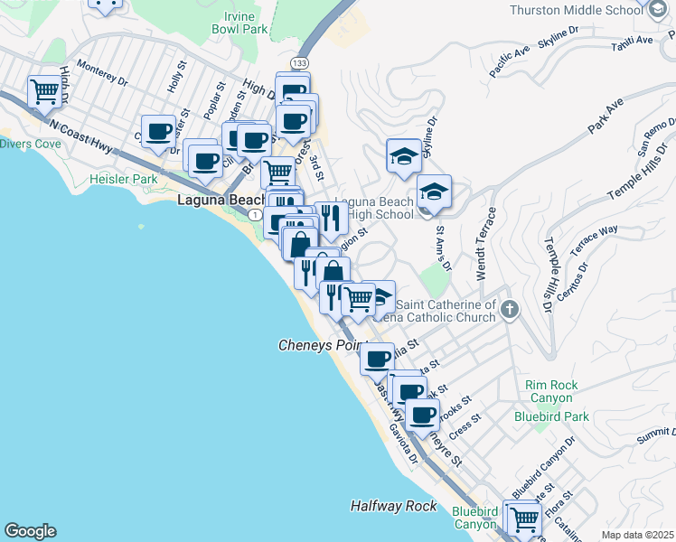 map of restaurants, bars, coffee shops, grocery stores, and more near 618 Glenneyre Street in Laguna Beach