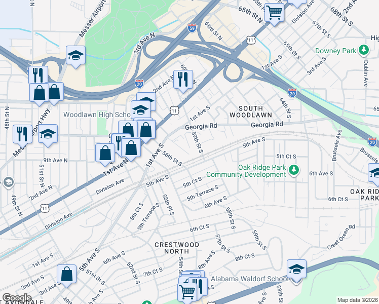 map of restaurants, bars, coffee shops, grocery stores, and more near 145 57th Street South in Birmingham