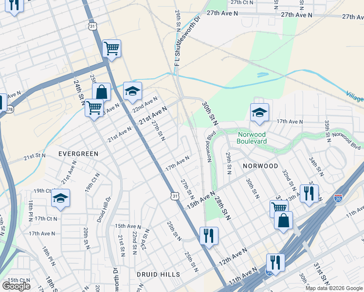 map of restaurants, bars, coffee shops, grocery stores, and more near 2712 18th Avenue North in Birmingham
