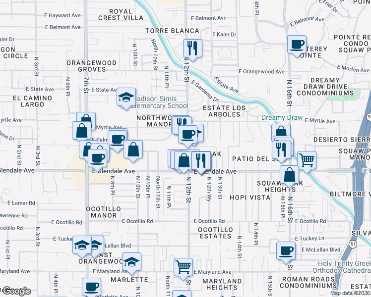 map of restaurants, bars, coffee shops, grocery stores, and more near 1201 East Glenn Drive in Phoenix