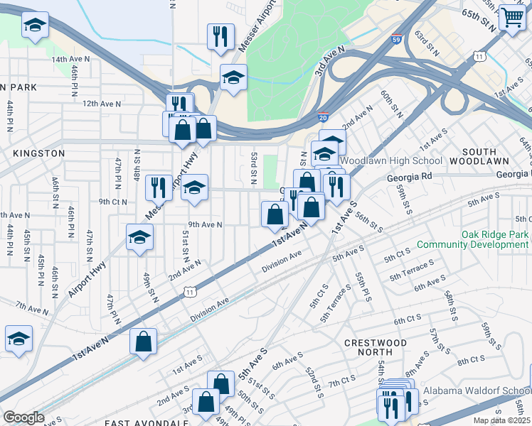 map of restaurants, bars, coffee shops, grocery stores, and more near 917 53rd Street North in Birmingham