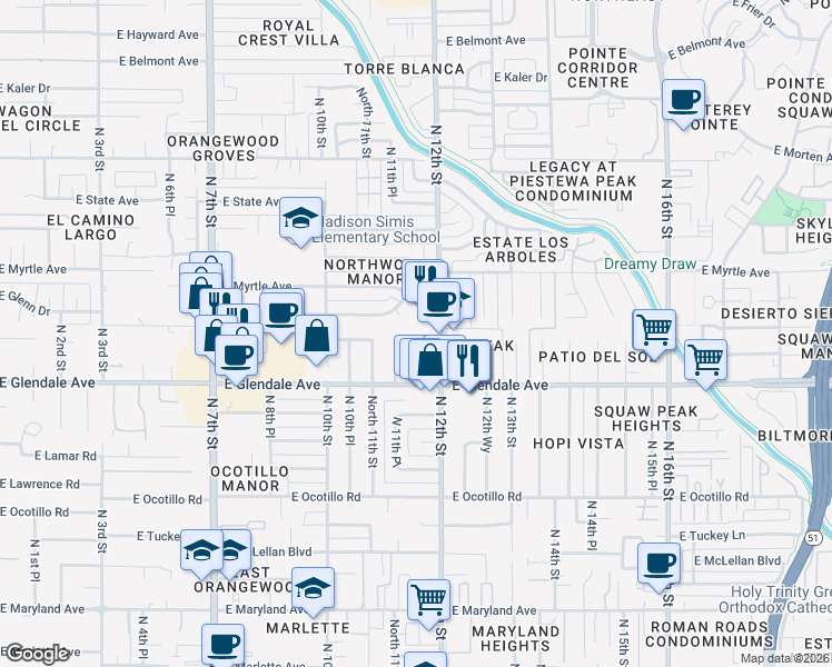 map of restaurants, bars, coffee shops, grocery stores, and more near 1126 East Glenn Drive in Phoenix