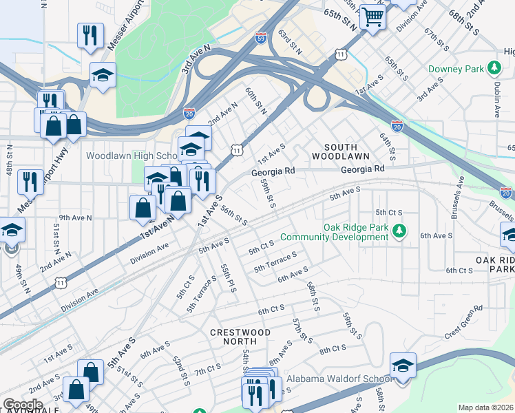 map of restaurants, bars, coffee shops, grocery stores, and more near 145 57th Street South in Birmingham