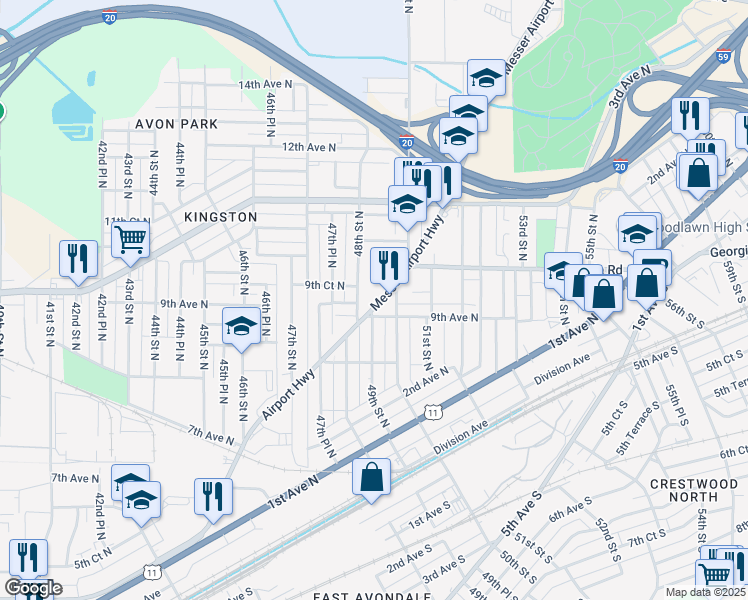 map of restaurants, bars, coffee shops, grocery stores, and more near 4908 Messer Airport Highway in Birmingham