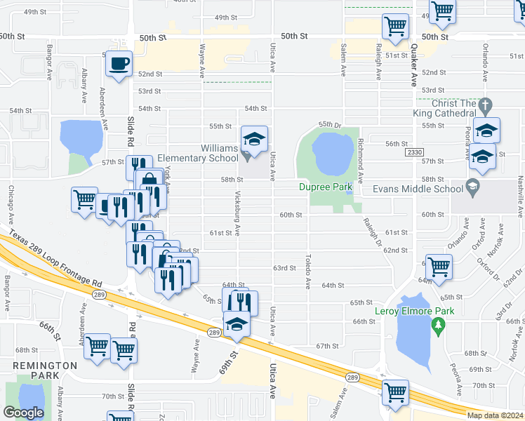 map of restaurants, bars, coffee shops, grocery stores, and more near 4806 60th Street in Lubbock