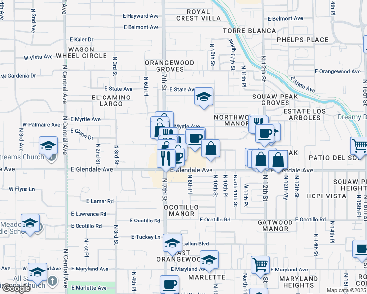 map of restaurants, bars, coffee shops, grocery stores, and more near 7045 North 7th Street in Phoenix