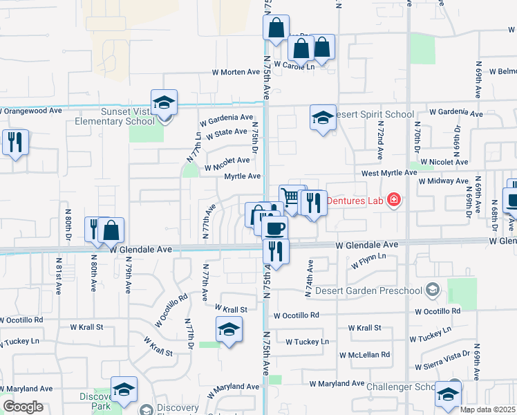 map of restaurants, bars, coffee shops, grocery stores, and more near 7508 W Glenn Dr in Glendale