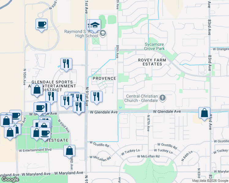 map of restaurants, bars, coffee shops, grocery stores, and more near 7235 North 89th Drive in Glendale