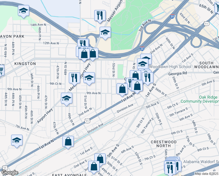 map of restaurants, bars, coffee shops, grocery stores, and more near 917 52nd Way North in Birmingham
