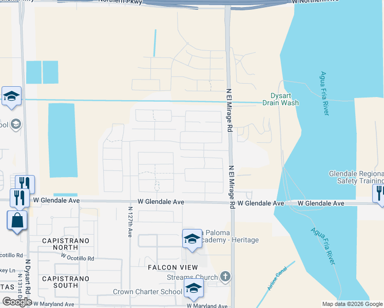 map of restaurants, bars, coffee shops, grocery stores, and more near 12456 West Myrtle Court in Glendale