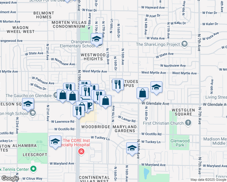 map of restaurants, bars, coffee shops, grocery stores, and more near 1694 West Glendale Avenue in Phoenix