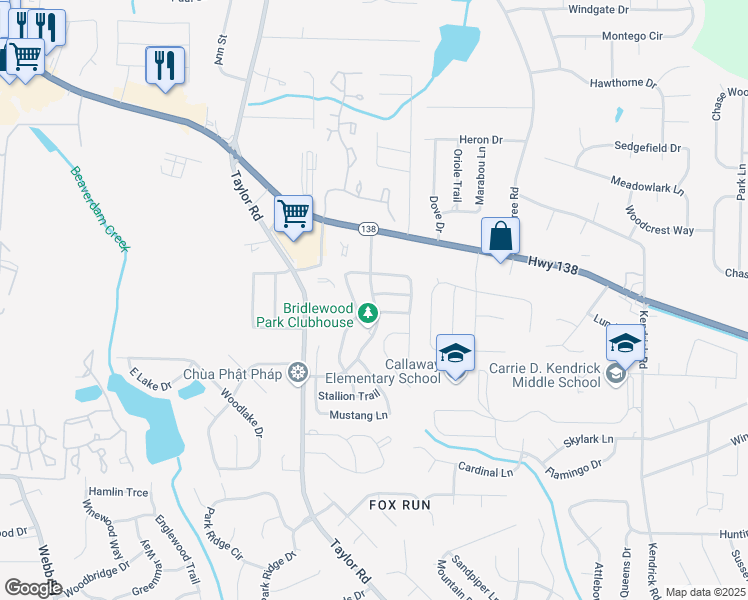 map of restaurants, bars, coffee shops, grocery stores, and more near 7869 Bridlewood Way in Riverdale