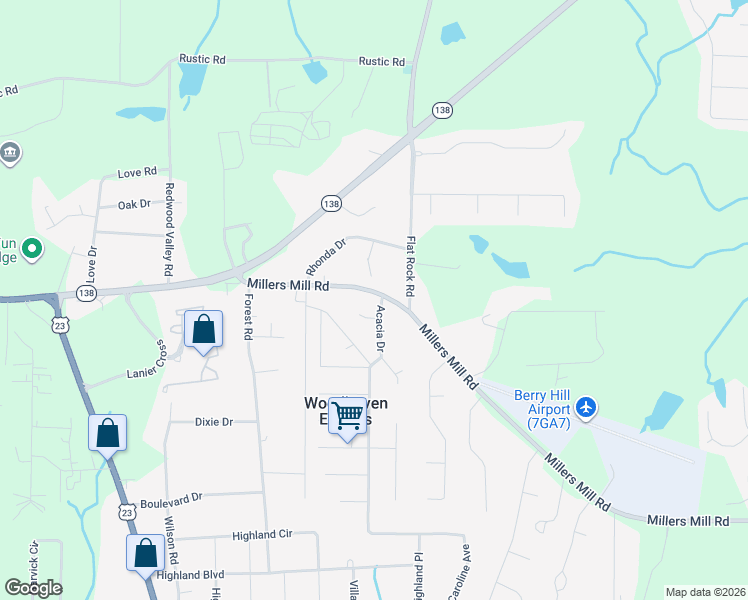 map of restaurants, bars, coffee shops, grocery stores, and more near 217 Millers Mill Road in Stockbridge