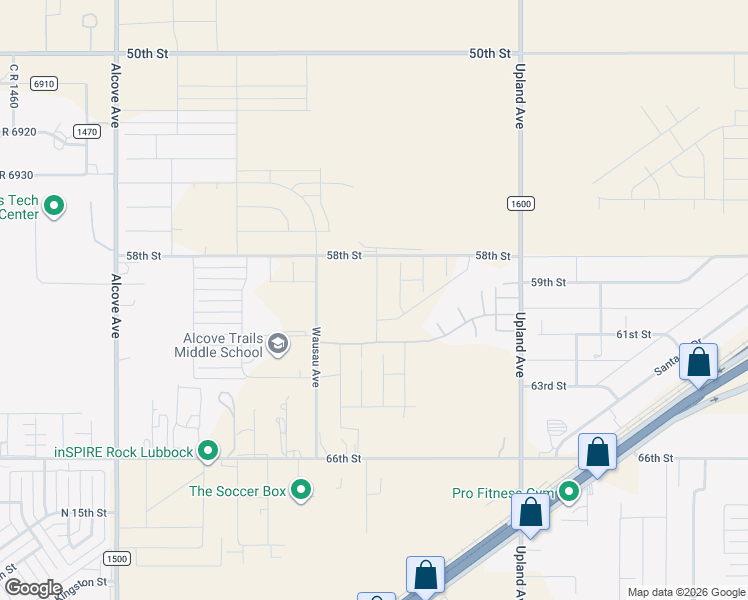 map of restaurants, bars, coffee shops, grocery stores, and more near 5900 Venita Avenue in Lubbock