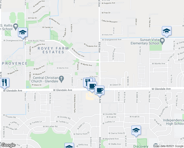 map of restaurants, bars, coffee shops, grocery stores, and more near 8363 West Midway Avenue in Glendale