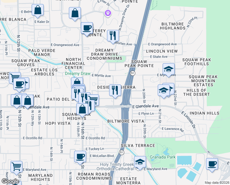 map of restaurants, bars, coffee shops, grocery stores, and more near 7099 North 18th Street in Phoenix