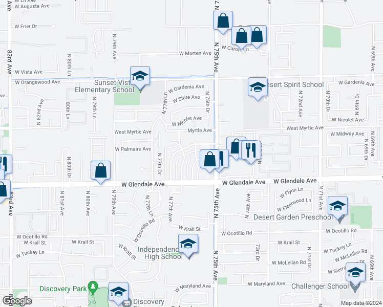 map of restaurants, bars, coffee shops, grocery stores, and more near 7040 North 76th Avenue in Glendale