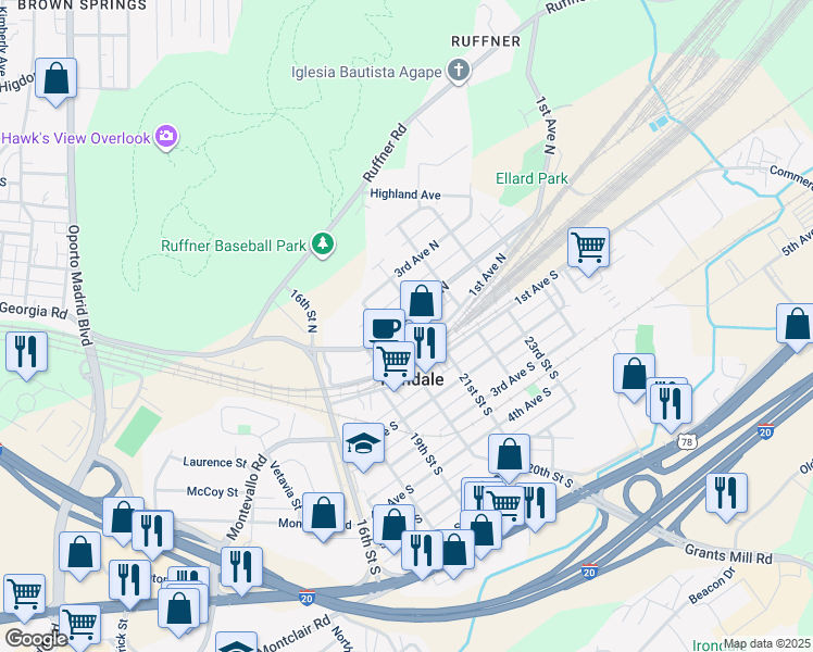 map of restaurants, bars, coffee shops, grocery stores, and more near 2009 2nd Ave N in Irondale