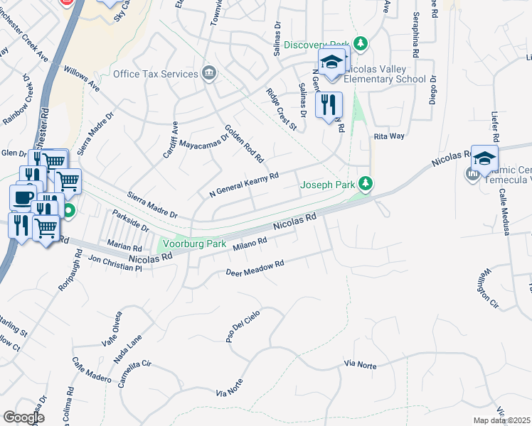 map of restaurants, bars, coffee shops, grocery stores, and more near 30321 Sierra Madre Drive in Temecula