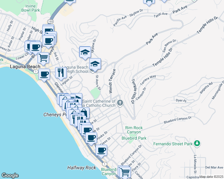 map of restaurants, bars, coffee shops, grocery stores, and more near 790 Wendt Terrace in Laguna Beach