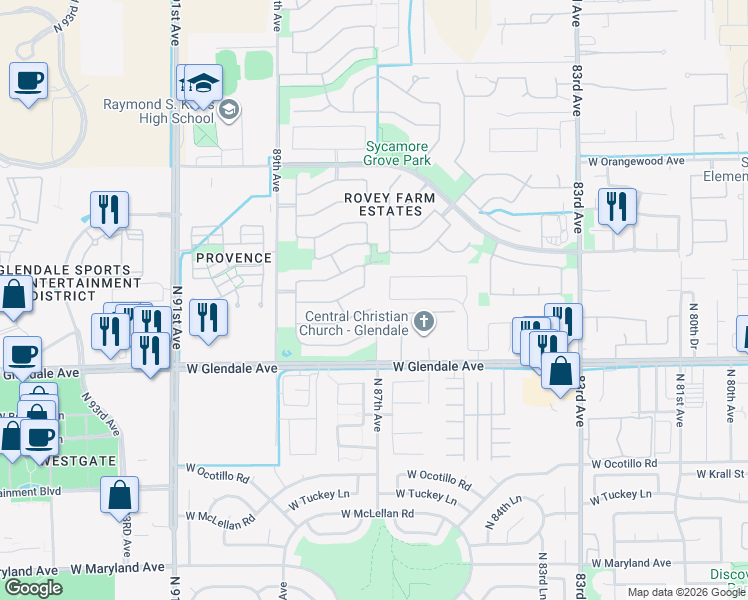 map of restaurants, bars, coffee shops, grocery stores, and more near 8708 West Palmaire Avenue in Glendale