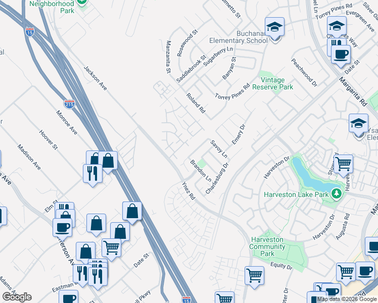 map of restaurants, bars, coffee shops, grocery stores, and more near 40413 Amesbury Lane in Temecula