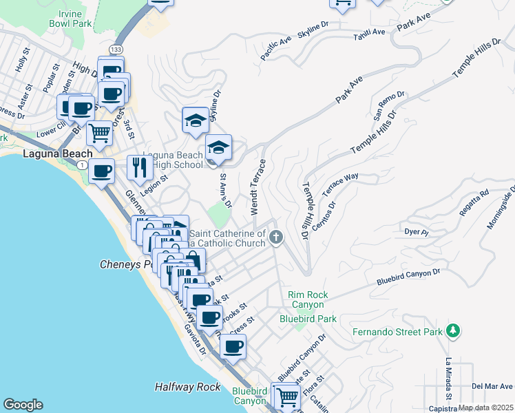 map of restaurants, bars, coffee shops, grocery stores, and more near 790 Wendt Terrace in Laguna Beach