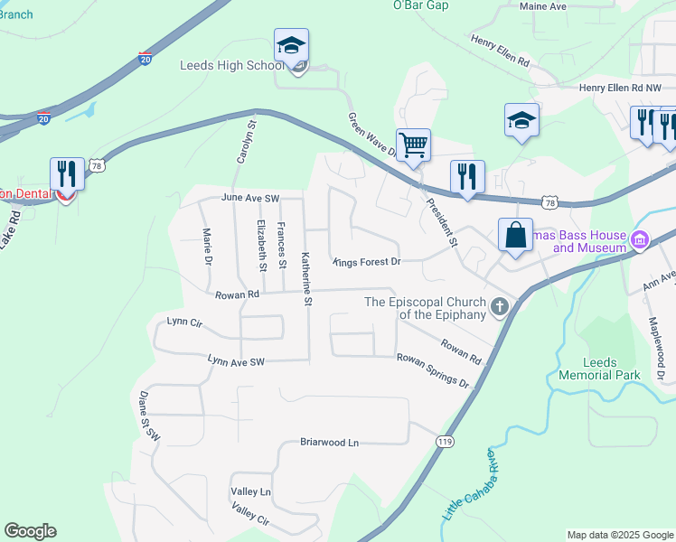 map of restaurants, bars, coffee shops, grocery stores, and more near 1062 Kings Forest Dr in Leeds