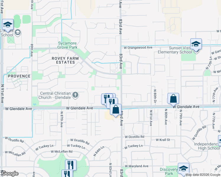 map of restaurants, bars, coffee shops, grocery stores, and more near 8363 West Midway Avenue in Glendale