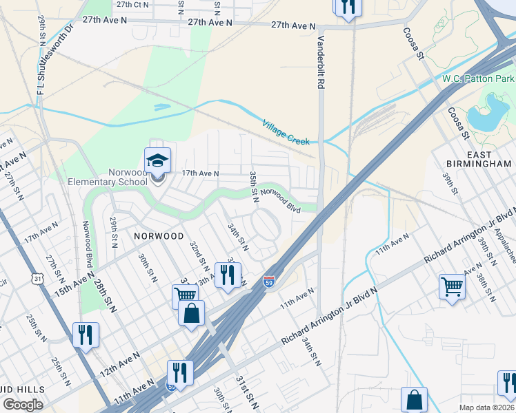 map of restaurants, bars, coffee shops, grocery stores, and more near 1515 35th Street North in Birmingham