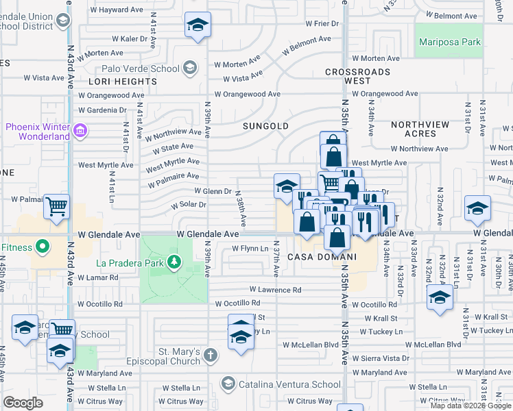 map of restaurants, bars, coffee shops, grocery stores, and more near 3731 West Solar Drive in Phoenix