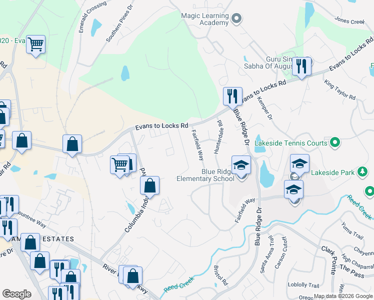 map of restaurants, bars, coffee shops, grocery stores, and more near 568 Fairfield Way in Evans
