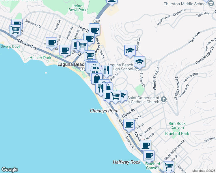 map of restaurants, bars, coffee shops, grocery stores, and more near 618 Glenneyre Street in Laguna Beach