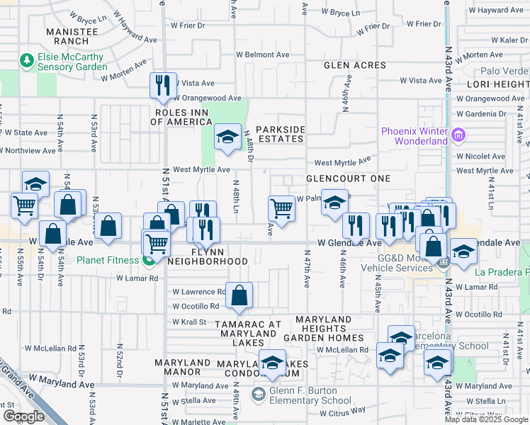 map of restaurants, bars, coffee shops, grocery stores, and more near 7116 North 48th Avenue in Glendale