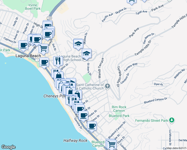 map of restaurants, bars, coffee shops, grocery stores, and more near 719 Browncroft Road in Laguna Beach