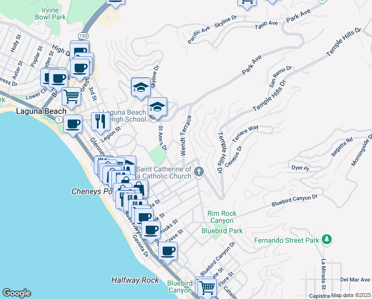 map of restaurants, bars, coffee shops, grocery stores, and more near 790 Wendt Terrace in Laguna Beach